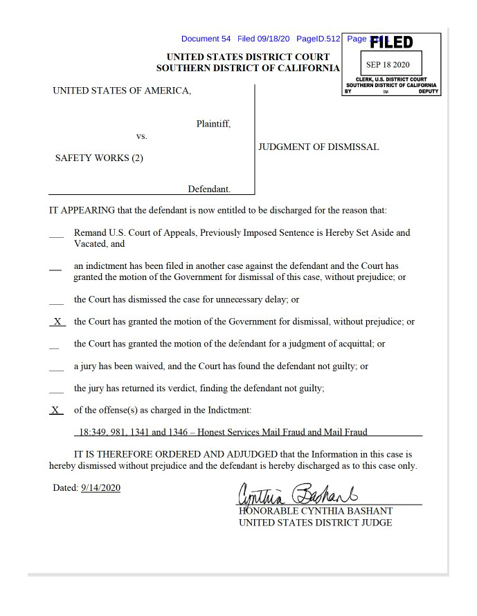 first page of court judgment dismissing charges against Safety Works Inc. in the Stepaniuk legal case dismissed ruling.